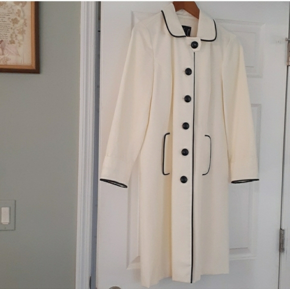 INC International Concepts Jackets & Blazers - INC International Concepts Ivory Trench Coat Black Piping Button Front Medium